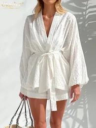 Damen zweisteuelhafte Hosen klassischer Mode Langarm Robe Top Two -Stück Sets Damen Outifits Herumn Casual White Home Anzug Elegante Shorts Frauen Sets 230210