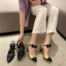 Sandały Złote Obcasy dla kobiet letnie buty imprezowe projektant Bowknot Ladies Pumps Black Suede Casual Slingback High Heels 7cm Soulier Femme G230211