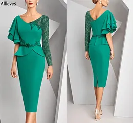 V Neck Elegant Mother of the Bride Plays Hunter Green Seatin Lace Ruffles с длинными рукавами короткие платья для вечеринок для женщин для женщин Формальное платье оболочки плюс размер CL1823