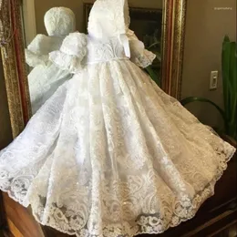 Girl Dresses Pearls Baby Christening Gown & Bonnet Appliques Kids Baptism Gowns Short Sleeves Vintage Girls And Boys Dress