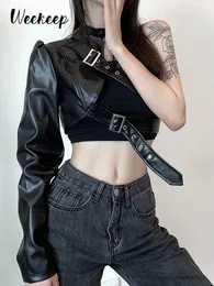 Giacche da donna Weekeep Gothic Black PU Leather Jacket Donna Monospalla Halter Buckle Hip Hop Abiti Moda Streetwear Giacche corte Solid 230210