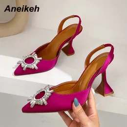 Sandals Aneikeh Brand Women Pumps Luxury Crystal Female Flock Butterfly Knot High Heels Summer Bride Pointed Shoes Triangle Heeled Pumps G230211