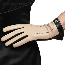 5本の指の手袋本革の手袋女性ファッション2トーンタッチスクリーンシープスキン温かいぬいぐるみのぬるぬるした女性ドライビンググローブレディースL169NC2 230210