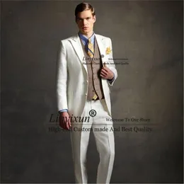 Мужские костюмы Blazers Fashion White Men Wedding Groom Tuxedo Slim Fit Формальный бизнес Blazer Banquet 3 PITE SET JUTCK VEST TANDO TERNO MASC