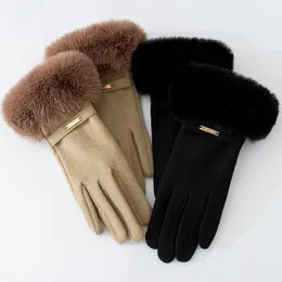 Five Fingers Gloves Women Winter Gloves Fashion Metal Label Touch Screen Soft Mittens Lady Female Outdoor Driving Double Warm Fur Gloves 230210