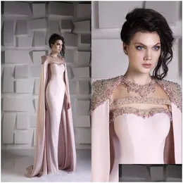 Abendkleider 2022 Arabisch Dubai Meerjungfrau Rosa Tragen Für Frauen Jewel Neck Kristall Perlen Mit Cape Wraps Bodenlangen Prom Kleid teil Dhphj