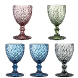 Qbsomk European Style Embossed Wine Glass Stained Glass Beer Goblet Vintage Wine Glasses Household Juice Drinking Cup Thickened