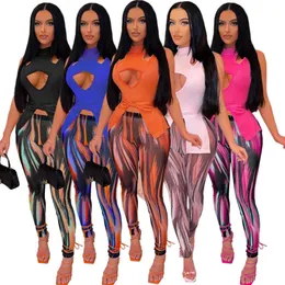 Kvinnor Två stycken byxor Set Designer Tracksuits 2023 Nightclub Fashion Strap Hollowed Out Vest Split Print Pants Set 5 Färger