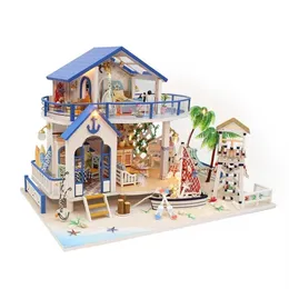DIY LED Puppenhaus Meer Miniatur Villa mit Möbeln DIY Holzhaus Zimmer Modellbausätze Geschenke Spielzeug für Kinder Geburtstagsgeschenk Y200413277y