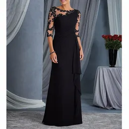 Casual Dresses Black Evening Mother of the Bride Dresses med 34 ärmar Applikationer Chiffon Royal Blue Mother Weddings Party Gäst Prom Gowns 230210