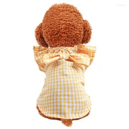 Dog Apparel Summer Thin Yellow Skirt Plaid Bowknot Soft Elastic Breathable Puppy Costume Chihuahua Pet Clothing