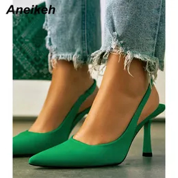 Sandals Aneikeh Spring Summer Fashion Solid Flock Thin High Heel Ankle Slingbacks Elastic Band Slip-On Career Party Dress Pumps 35-42 G230211