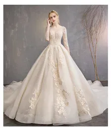 Abito da ballo a maniche lunghe modesto Abiti da sposa Abiti da sposa Collo gioiello trasparente Paillettes con applicazioni di pizzo Plus Size Ricamo Robe De Mariee Custom Made