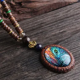 Pendant Necklaces Women Retro Ethnic Peacock Feather Necklace Nepal Handmade Wood Beads Long Sweater Chain Jewelry