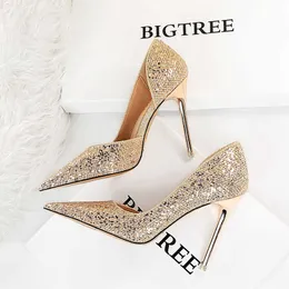 Sandaler BigTree Women Wedding Pumps Glitter Gold Hihg Heels Elegant Woman Party 2022 Luxury Heeled Shoes paljetter Stilettos Storlek 34-43 G230211