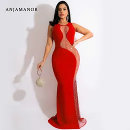 Casual Dresses ANJAMANOR Bling Luxury Evening Dresses Rhinestone Mesh Sleeveless Open Back Maxi Dress Women Birthday Party Vestidos D42-DH30 T230210