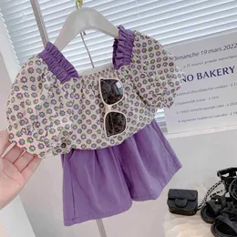 Kinder Lila Kleidung Set Sommer Floral Thirt Kurze Set PC Trainingsanzug Outfit Baby Mädchen Mode Kleidung
