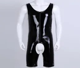 Black Catsuit Costumes Mens Wetlook PVC Faux Leather Onepiece Sleeveless Front Zipper Crotchless Singlet Boxer Briefs Leotard bod2882881