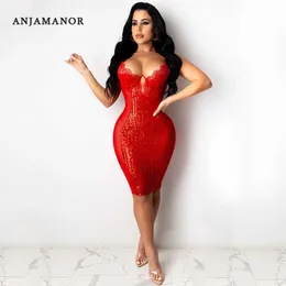 Casual Dresses Anjamanor Sexy BodyCon Midi Dresses for Women Party Club Birthday Outfits Red Balck Lace Mesh Patchwork Sequin Dress D42-Ez19 T230210