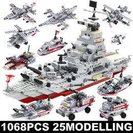 Blockerar modellkrigsfartyg som bygger konstruktionssats för pojkar Navy War Chariot Ship Army Boat Plane Bricks Toys Children 230210