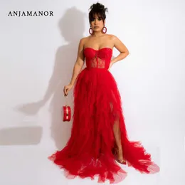 Casual Dresses ANJAMANOR Elegant Sexy Evening Dresses 2023 Party Black Red See Through Lace Mesh Corset Maxi Dress Luxury Evening Gown D35-GI37 T230210
