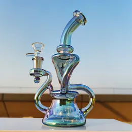 2022 Klein Heady Bong Twin Chamber Rainbow Metallic Hookah Glass Bong Dabber Rig Recycler Pipes Water Bongs Smoke Pipe 14.4mm Female Joint with Regular Bowl