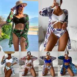 Maillot de bain fendu ensemble trois pièces Cardigan vaporeux imprimé Bikini maillot de bain pour femme