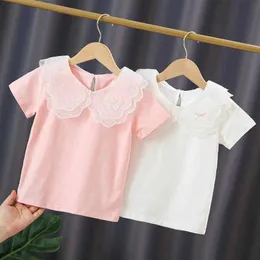 Camisetas 3-12 anos verão 2021 Crianças de camisetas meninas blush brancas de manga curta Tops de algodão camiseta de renda de renda para crianças camiseta T230209