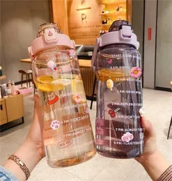 2L Sports Straw Water Bottle with Stickers Portable Large Capacity Fitness Bike Cup Summer Ice Cold Jug Time Marker 2201254130995