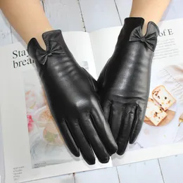 Fünf Finger Handschuhe Mode Frauen Echtes Leder Schaffell Bogen Dekoration Samt Futter Warm Halten Im Winter Schwarze Handschuhe 230210