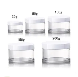Garrafas de embalagem de jarra de pl￡stico de estima￧￣o de estima￧￣o com tampa branca 30g 50g 100g 150g 200g Recipiente cosm￩tico para m￡scara de lama SN4799