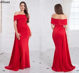 Plus Size Red Satin Overskirts Mermaid Bidesmaid Dresses Peplum Off The Shoulder Elegant Long Maid Of Honor Gowns For Wedding Guest Party Dress Simple Formal CL1827