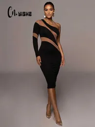 캐주얼 드레스 CNYISHE 여성 파티 클럽을위한 어깨 메쉬 깎아 지른 미디 드레스 우아한 드레스 가을 패션 스트리트웨어 섹시한 슬림 드레스 로브 T230210