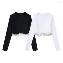 Kvinnors tröjor Zatrhmbm 2023 Fashion Jewel-Orbelled Sticked Croped Pullover Vintage Long-Sleeve Crew Neck Female Sweater Chic Tops