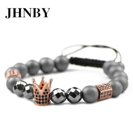 Braccialetti con ciondoli JHNBY Corona 8mm Matte Ematite Bead Pave CZ Bracciale con ciondoli da uomo Corda intrecciata Trendy Women Copper Bangle Gioielli Pulseras Hom