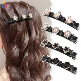 Bling Crystal Ribbon Braided Hair Clips Fashion Four Leaves Duckbill Hairpin With 3 Small Clips Rhinestones Bangs Barrettes For Girls 1604