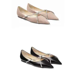 Fashion brand genevi flat sandals calfskin cross crystal sandals nail chain women's ballet shoes pointed elegant comfortable walking shoes EU 35-42