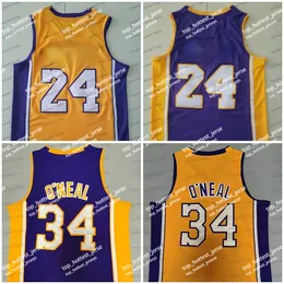 Retro 34 Shaquille Shaqoneal Basketballtrikot Nr. 24 Gelb Lila Herren-Basketballtrikots genäht 2003–04 1999–2000 2000–01 2008–09