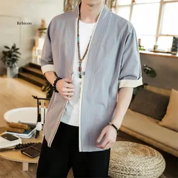 Jackets para hombres Lino de verano Kimono Long Cardigan Outerwear Coats Fashion Streetwear Short Loos