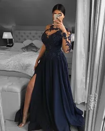 Темно-синее вечернее платье в Дубае на одно плечо с длинным рукавом, трапециевидное, с разрезом, атласное, кружевное, с бисером, торжественное платье для выпускного вечера, Robe De Soiree Hot
