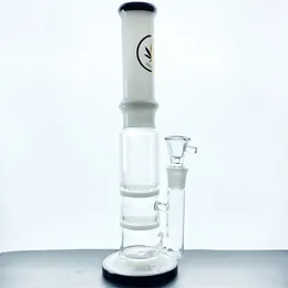 New opal bong glass smoke pipe glass water pipe, leaf logo double-layer honeycomb perc, 12 inches high (GB-200)