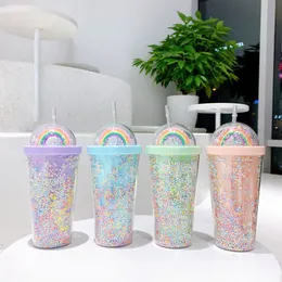 550ML Water Bottles Cute Rainbow Tumblers Cup Mugs Double Plastic with Straws PET Material for Kids Adult Girlfirend Gift Products
