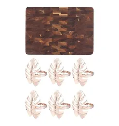 Napkin Rings Acacia Wood Cutting Board Solid Sturdy Chopping Serving Tray met 6pcs Hawaii Wedding Party Monstera Holder8491988