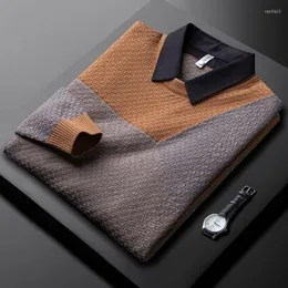 Suéteres para hombre, diseño alto, contraste de Color, Jacquard falso, cuello de camisa para dos hombres, suéter de punto informal de moda coreana gruesa de invierno