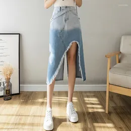 Etekler 2023 Yaz Kadın Moda Şık Tassel Kovboy Denim Etek Yüksek Sokak Düzensiz Mavi Bel Düz Kadınlar Günlük