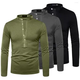 Men's T Shirts Autumn Men Shirt Solid Color Long Sleeves V Neck T-shirt Slim Stand Collar Buttons Top Half Single-breasted Mid Length