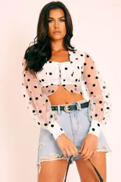 Women's Blouses Sexy Women Dot Polk Print Crop Top Square Neck Puff Sleeve Lace Tulle Mesh Sheer Tee Blouse Long