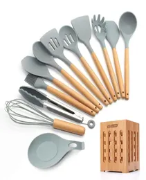 Utensílios de cozinha de silicone 111213pcs conjunto de utensílios de cozinha Spatula de madeira com utensílios de cozinha de caixa de armazenamento 220337781763