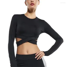 Active Shirts CKAHSBI Sexy Yoga Bandage T Shirt Fashion Black Summer Crop Tops Blusa Women Long Sleeve Lace Up Ladies Gray Solid