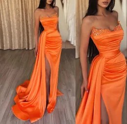 2023 Orange Prom Dresses Mermaid Sexy Sweetheart Side Side Split Crystal Beads الرسمية التخرج سهرة فساتين الحفلات
